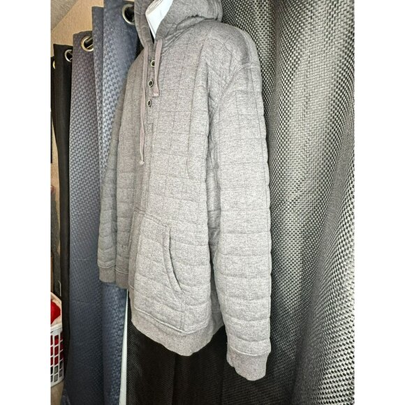 Quilted Gray Hooded Pullover Sweatshirt With Kangaroo Pocket‎ & Button Closure - Picture 6 of 16